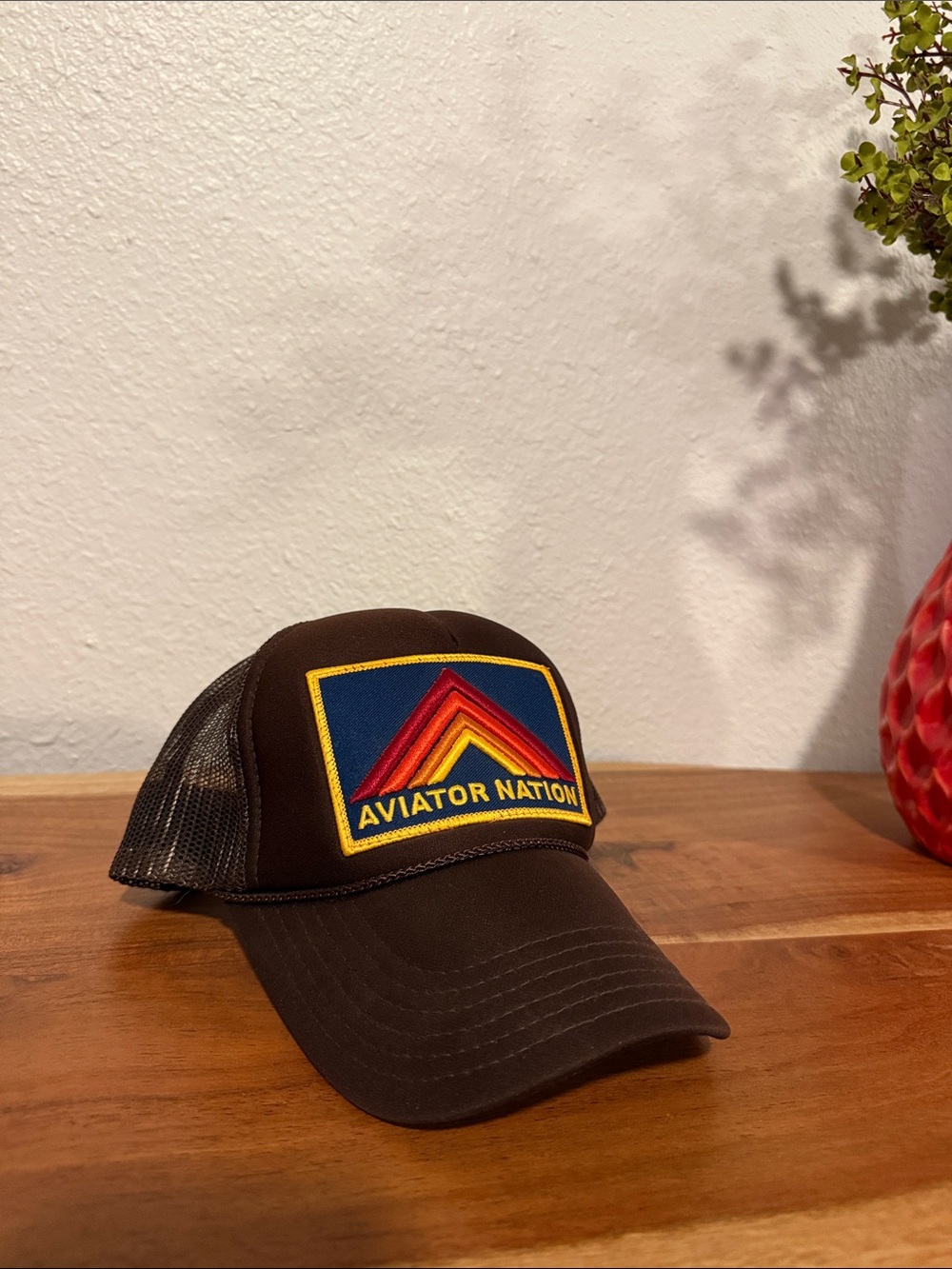 Aviator Nation Brown Trucker Hat with Blue and Multicolor Retro Patch